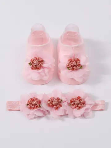 Conjunto de Calcetines de Suelo y Diadema para Bebé Niña Flores de Malla 3D Jacquard Calcetines Antideslizantes Accesorios para Pelo 0-1 Año