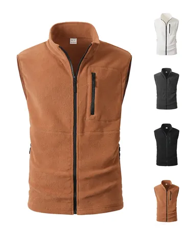 Chaleco de Forro Polar para Hombre Exterior Cuello Alzado Cremallera Cálido Casual Deportivo Poliéster Top para Otoño Invierno Color Sólido