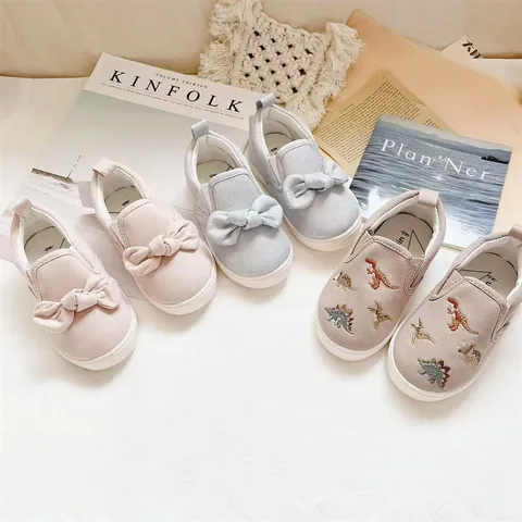 Παιδικά Πάνινα Παπούτσια Slip-on Ιαπωνικό Στυλ Φιόγκος Κέντημα Δεινόσαυρος Μαλακή Σόλα Αναπνεύσιμα Casual Sneakers για Αγόρια Κορίτσια