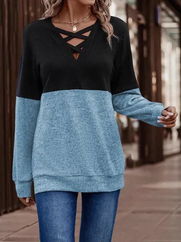 Top de Manga Larga para Mujer con Cuello en V Cruzado Patchwork Casual Bloque de Color Hombro Caído Camiseta de Poliéster Ropa de Mujer