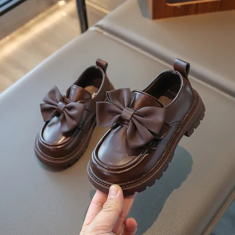 Girls Bow Loafers Princess Shoes PU Leather Soft Sole Thick Bottom Dress Shoes For Kids Wedding Party School Uniform Flats