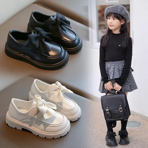 Girls Bow Loafers Princess Shoes PU Leather Soft Sole Thick Bottom Dress Shoes For Kids Wedding Party School Uniform Flats