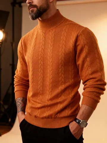 Men Casual Turtleneck Sweater Cable Knit Jacquard Pullover Long Sleeve Solid Color Thick Warm Top For Winter Autumn