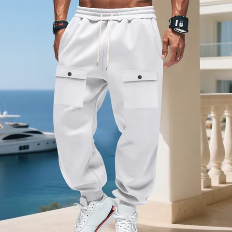Pantaloni Sportivi Cargo in Pile Pesante da Uomo Joggers Larghi con Coulisse in Stile Americano Multitasche Pantaloni in Maglia Caldi
