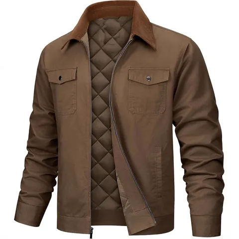 Men's Casual Cotton Padded Jacket Loose Fit Long Sleeve Corduroy Lapel Quilted Lining Warm Outerwear Winter Coat Top