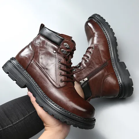 Bottes Martin pour Hommes en Cuir Véritable Coupe Moyenne Bottes de Travail Hiver Chaudes Doublées de Fourrure Antidérapantes