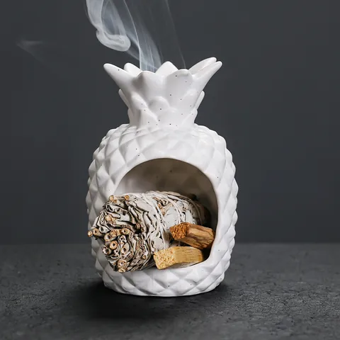 Ceramic Pineapple Eggshell Incense Burner Holder Matte White Palo Santo Sage Burning Stand Tray European Home Decor