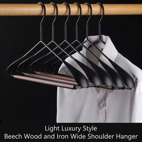Wide Shoulder Seamless Clothes Hanger Heavy Duty Beech Wood Metal Suit Coat Hanger With Pants Bar For Closet Wardrobe Store