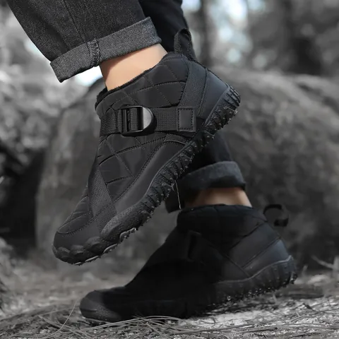Unisex Outdoor Waterproof Snow Boots Winter Warm Quilted Microfiber Cotton Shoes Non-Slip Rubber Sole Buckle Strap Boots