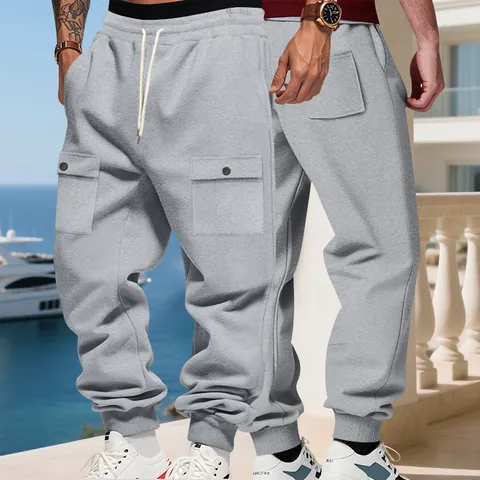 Heren Heavyweight Fleece Gevoerde Cargo Joggingbroek Amerikaanse Stijl Oversized Warm Outdoor Casual Joggers Effen Kleur Zak