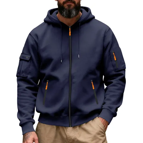Men Heavyweight Fleece Hoodie American Work Style Full Zip Hooded Jacket With Cargo Pockets Warm Long Sleeve Sweatshirt