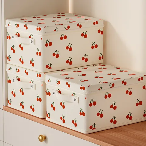 Large Capacity Fabric Storage Box With Lid Lidded Foldable Clothes Quilt Organizer Bin Cherry Printed Closet Storage Container