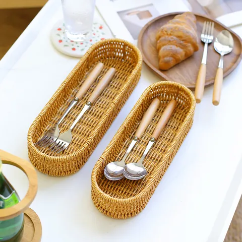 Woven Imitation Rattan Storage Basket Oval Plastic Cutlery Tray For Kitchen Knife Fork Spoon Drainage Tableware Hotel Restaurant Desktop Storage Bin