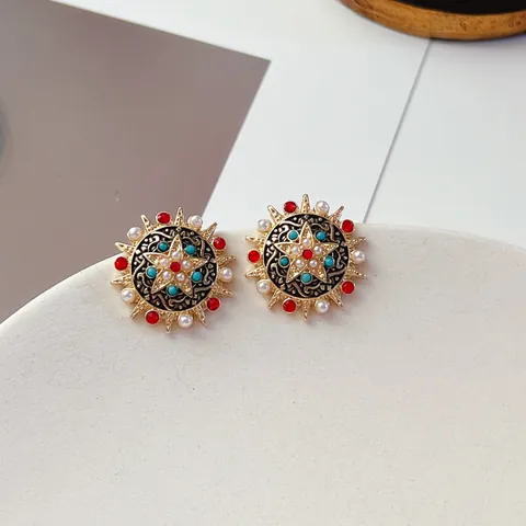 Vintage Palast Stil Legierung Künstliche Perle Strass Brosche Ohrringe Böhmische Sonnenstrahl Relief Schmuck Mit 925 Sterlingsilber Stift