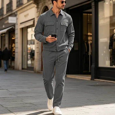 Men Corduroy Casual Top And Bottom Workwear Style Long Sleeve Shirt Jacket And Pants Multi Pocket Fashion Outfit