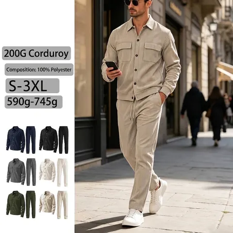Men Corduroy Casual Top And Bottom Workwear Style Long Sleeve Shirt Jacket And Pants Multi Pocket Fashion Outfit