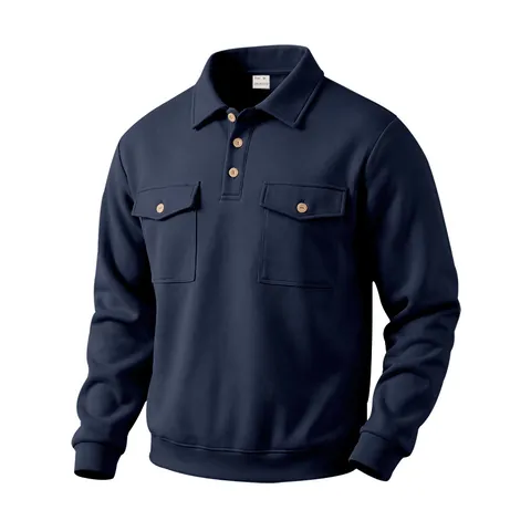 Polo de Manga Larga para Hombre Peso Pesado de Punto Casual al Aire Libre Holgado Estilo Ropa de Trabajo Con Bolsillos Dobles de Poliéster