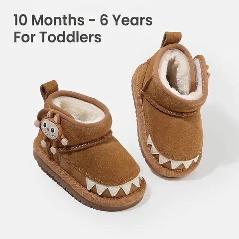 Toddler Kids Snow Boots Winter Warm Plush Lining Faux Suede Ankle Boots With Cartoon Monster Teeth Pattern Anti Slip Soft Sole Outdoor Shoes For Boys Girls