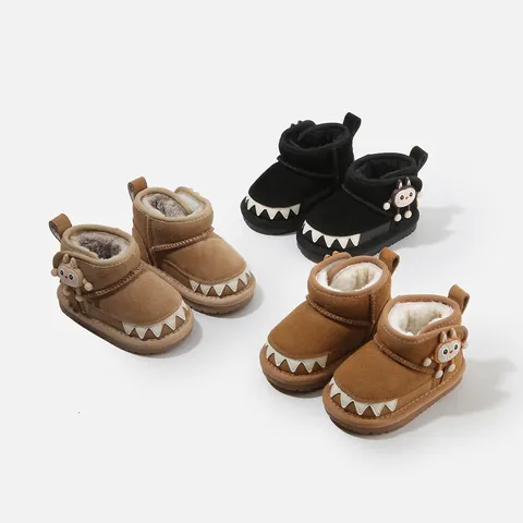 Toddler Kids Snow Boots Winter Warm Plush Lining Faux Suede Ankle Boots With Cartoon Monster Teeth Pattern Anti Slip Soft Sole Outdoor Shoes For Boys Girls