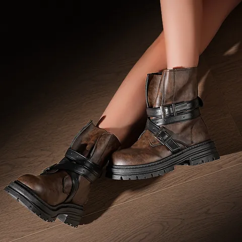 Damen Japanische Retro Stiefeletten Poliertes Leder Gürtelschnalle Dicke Sohle Kurze Stiefel Herbst Winter Mode Warme Boots