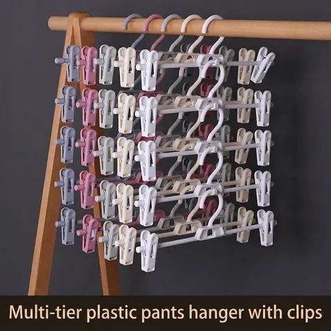 Perchas para Pantalones de Plástico Multifuncionales Japonesas Con Clips Retráctiles Ahorro de Espacio Apilables Organizador de Armario