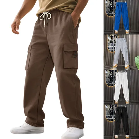 Men Heavyweight Streetwear Cargo Joggers With Drawstring Waist Solid Color Baggy Sweatpants For Skateboard Outdoor Bottom