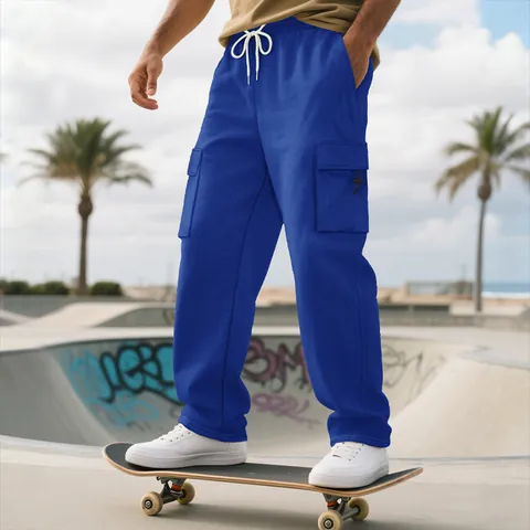 Men Heavyweight Streetwear Cargo Joggers With Drawstring Waist Solid Color Baggy Sweatpants For Skateboard Outdoor Bottom