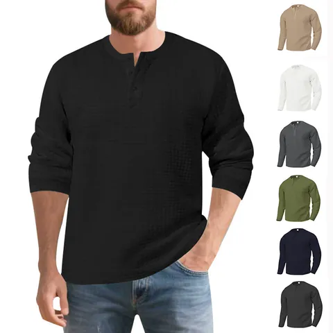 Men Heavyweight Jacquard Textured Henley Shirt Long Sleeve Waffle Knit Casual Vintage Button Down Top Polyester T-Shirt