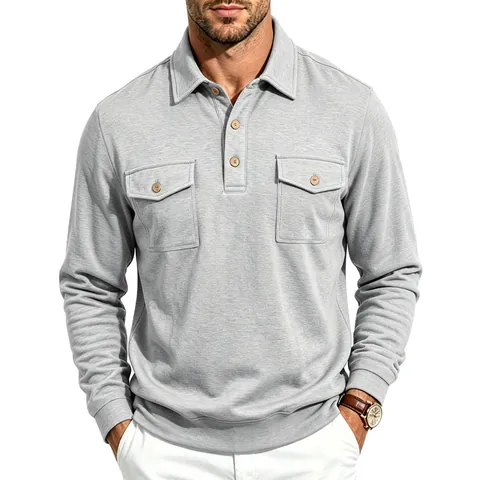 Men Heavyweight Utility Workwear Long Sleeve Polo Shirt Lapel Collar Dual Flap Pockets Loose Fit Techwear Polo Top Casual Fashion Solid Color Autumn Pullover