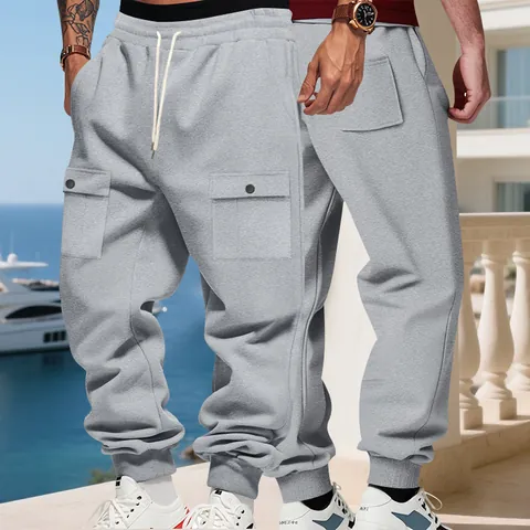 Pantaloni della Tuta Cargo da Uomo Foderati in Pile Pesante Stile Americano Oversized Caldi Outdoor Casual Joggers Tinta Unita