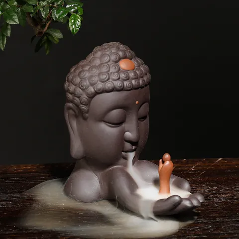 Zen Boeddhahoofd Backflow Wierookbrander Paars Klei Zisha Rook Waterval Houder Aromatherapie Home Decor Zen Ornament Cadeau