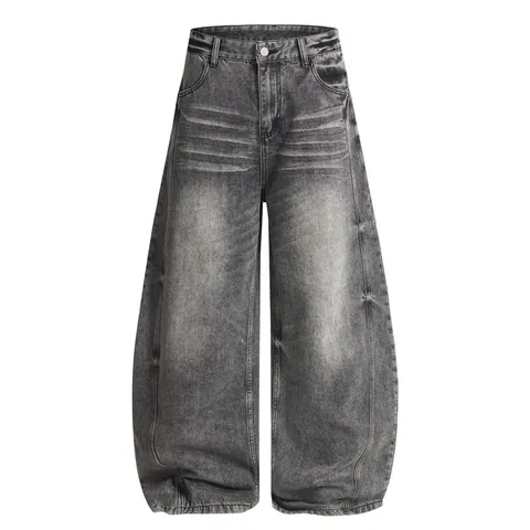 Pantaloni Jeans American Vintage Lavati con Baffi Unisex Larghi Baggy Lama Curva Denim Retro Invecchiati Streetwear