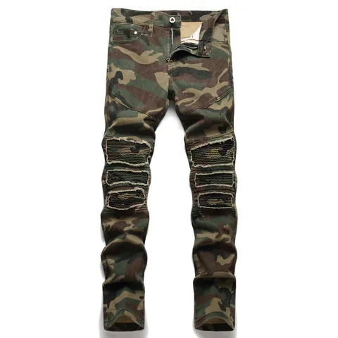 Men Camouflage Cargo Biker Jeans Slim Fit Distressed Ribbed Patchwork Streetwear Denim Long Pants For Men High Street Style