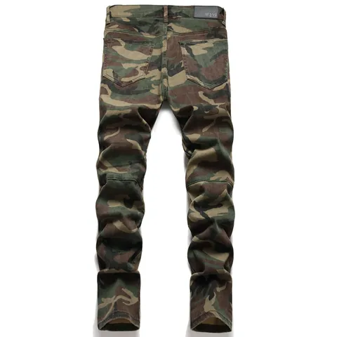 Men Camouflage Cargo Biker Jeans Slim Fit Distressed Ribbed Patchwork Streetwear Denim Long Pants For Men High Street Style