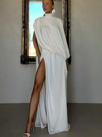 2025 Autunno Nuovo Completo Donna Elegante Tinta Unita Collo Alto Top Arricciato E Gonna Maxi Con Spacco Alto Sexy Due Pezzi Per Party Clubwear