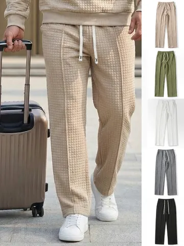 Men's Waffle Knit Casual Pants Loose Fit Elastic Waist Drawstring Outdoor Sport Trousers Spring Autumn Fashion Streetwear