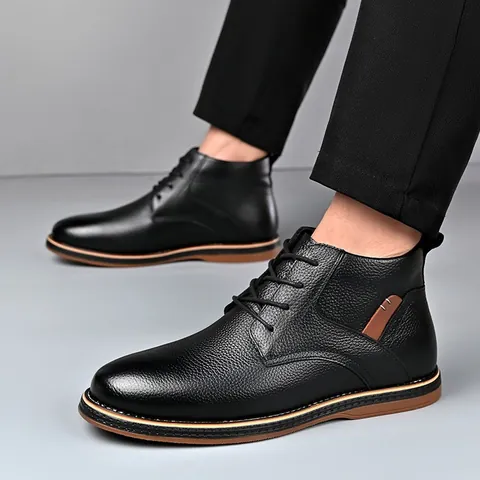 Botas Martin para Hombre de Cuero de Vaca Botas Chelsea Textura Lichi con Cordones Casual Estilo Británico Antideslizante