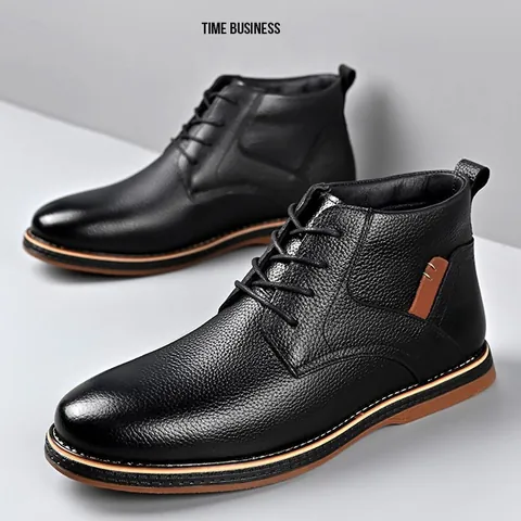 Botas Martin para Hombre de Cuero de Vaca Botas Chelsea Textura Lichi con Cordones Casual Estilo Británico Antideslizante