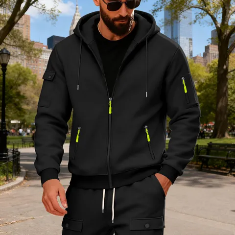 Men Loose Fleece Hooded Sweatshirt Front Zipper Cargo Arm Pocket Casual Sporty Solid Color Hooded Top Jacket For Autumn Winter
