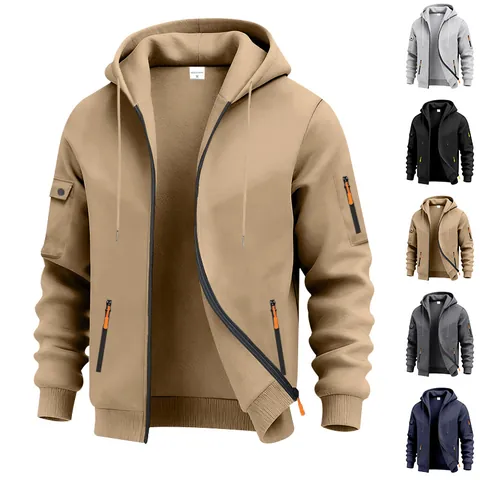 Sudadera con Capucha de Vellocino Pesado para Hombre Cremallera Completa Ropa de Trabajo Americana Bolsillos Múltiples Manga Larga