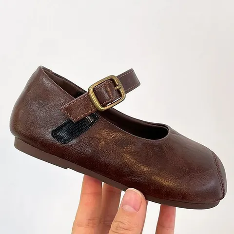 Girls Mary Jane Shoes Vintage Square Toe Soft Sole Flat Leather Shoes For Kids School Casual Daily Brown Beige Black