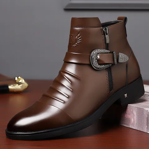 Herren Britischer Stil Business Dress Boots Spaltleder Seitenreißverschluss Chelsea Boots Schnalle Plissee Martin Stiefel