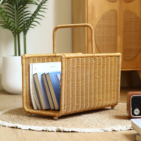 Portable Handheld Magazine Storage Basket Imitation Rattan Woven Book Organizer For Living Room Outdoor Japanese Style Plastic Basket
