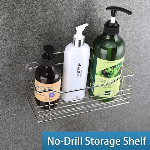 Stainless Steel Bathroom Shelf Wall Mounted Adhesive Shower Caddy Kitchen Storage Rack Rustproof Hollow Drainage Basket Organizer