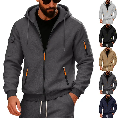 Men Loose Fleece Hooded Sweatshirt Front Zipper Cargo Arm Pocket Casual Sporty Solid Color Hooded Top Jacket For Autumn Winter