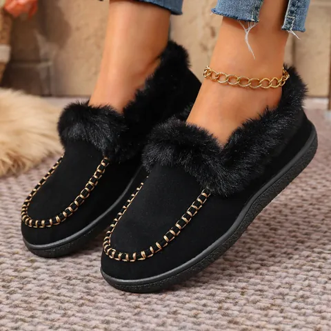 Dames Imitatiesuède Platte Katoenen Schoenen Warme Kunstbont Voering Moccasin Loafers Grote Maat Casual Winter Schoeisel