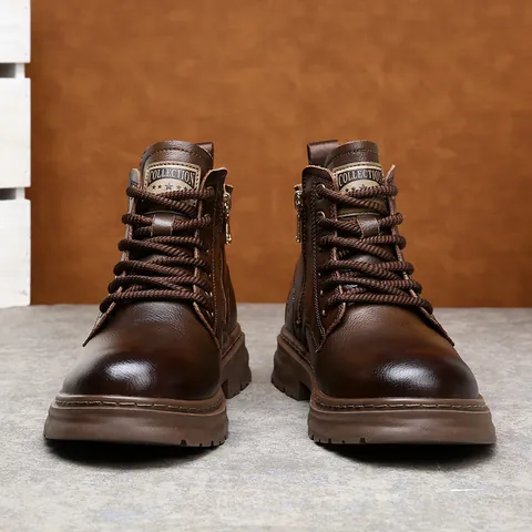 Bottes Martin d'Hiver pour Hommes en Croûte de Cuir de Vache Doublées Polaire Bottes de Travail Chaudes Antidérapantes Mode Casual