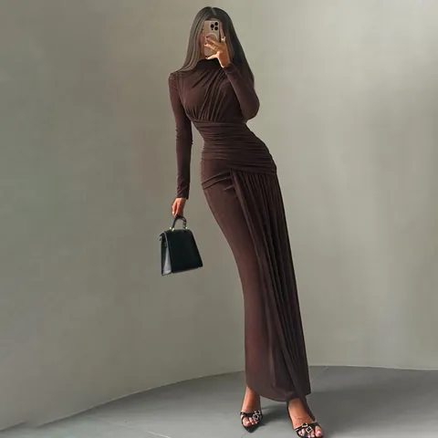 Abito Donna Elegante Arricciato a Maniche Lunghe Maxi Slim Fit Tinta Unita Girocollo Plissettato Lunghezza Pavimento Party
