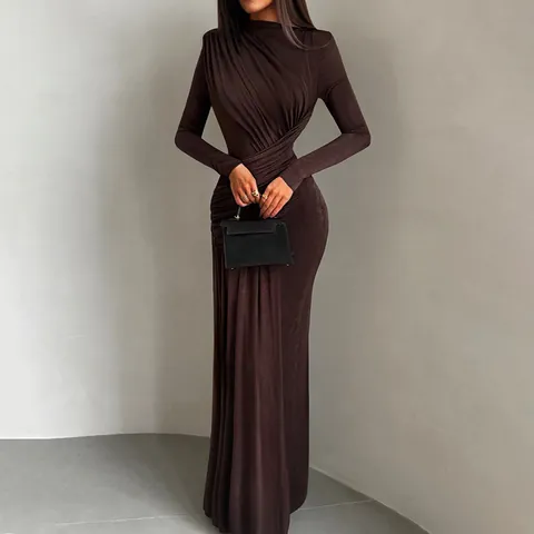 Abito Donna Elegante Arricciato a Maniche Lunghe Maxi Slim Fit Tinta Unita Girocollo Plissettato Lunghezza Pavimento Party
