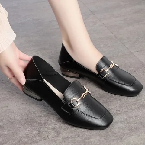 2024 Spring Summer New Women Square Toe Loafers Patent Leather Chunky Heel Fashion Soft Sole Horsebit Buckle Low Heel Slip On Shoes